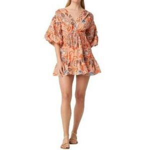 MISA Los Angeles Sari Floral Poplin Balloon-Sleeve Mini Dress Size XL NWT Coral